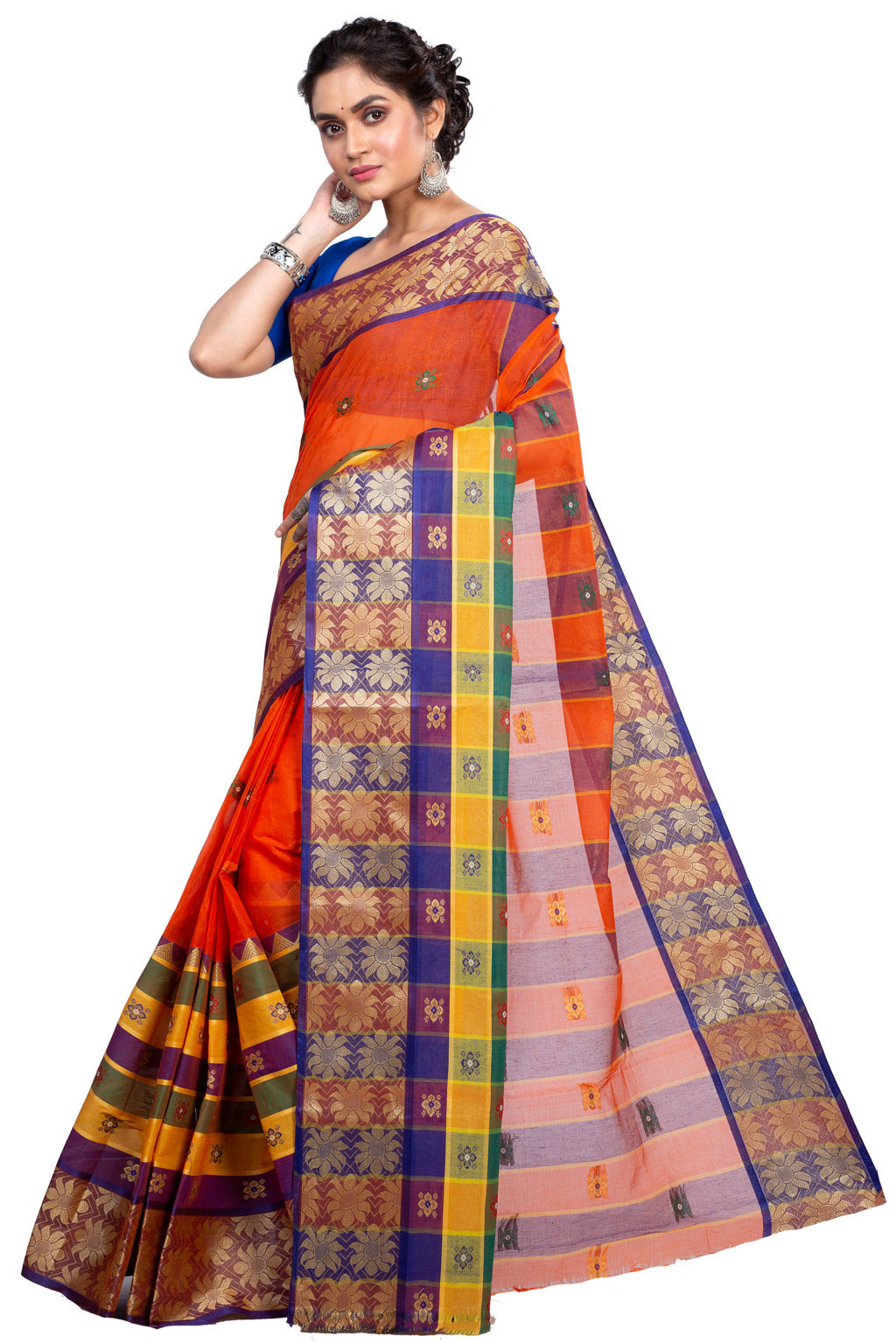 Dark Orange Pure Cotton FulPar Tant Saree (865)